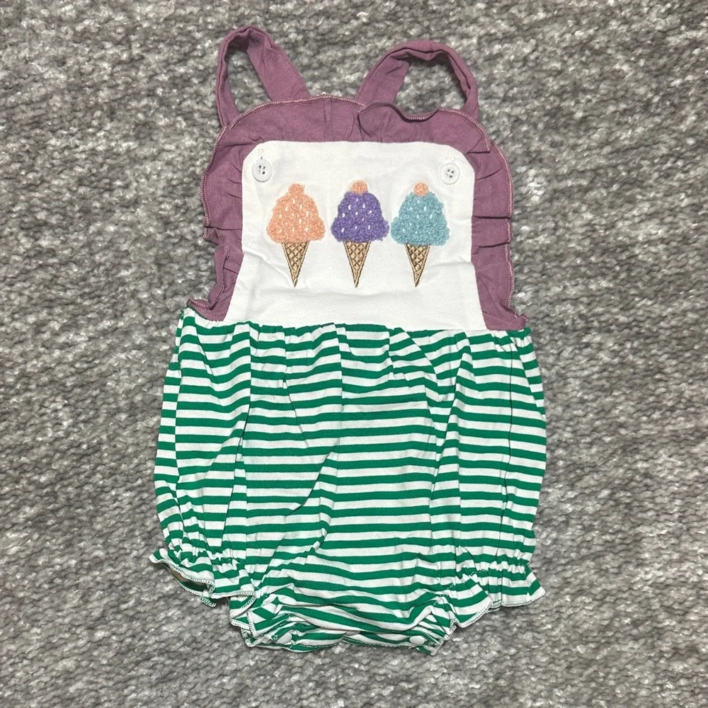 NWOT stripe & ruffle French knot icecream embroidered bubble romper 12/18mo